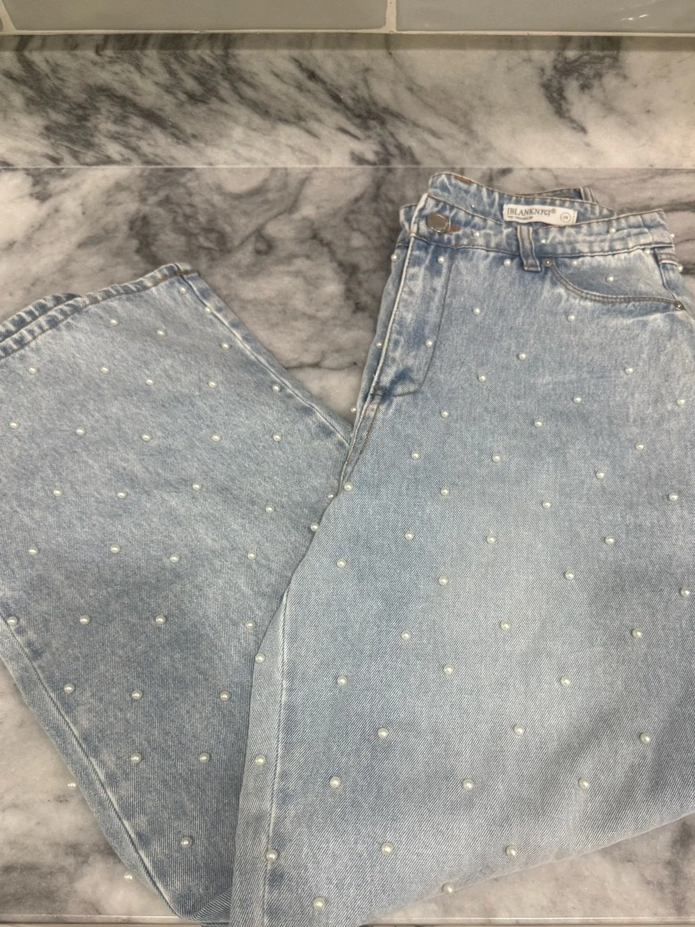 Blank NYC Light Blue Pearl-Studded Wide Leg Jeans
